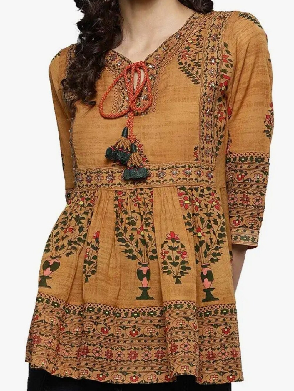 The Label Ritu Kumar Floral Yellow Ochre Embroidered Beade Boho Tunic Top Large